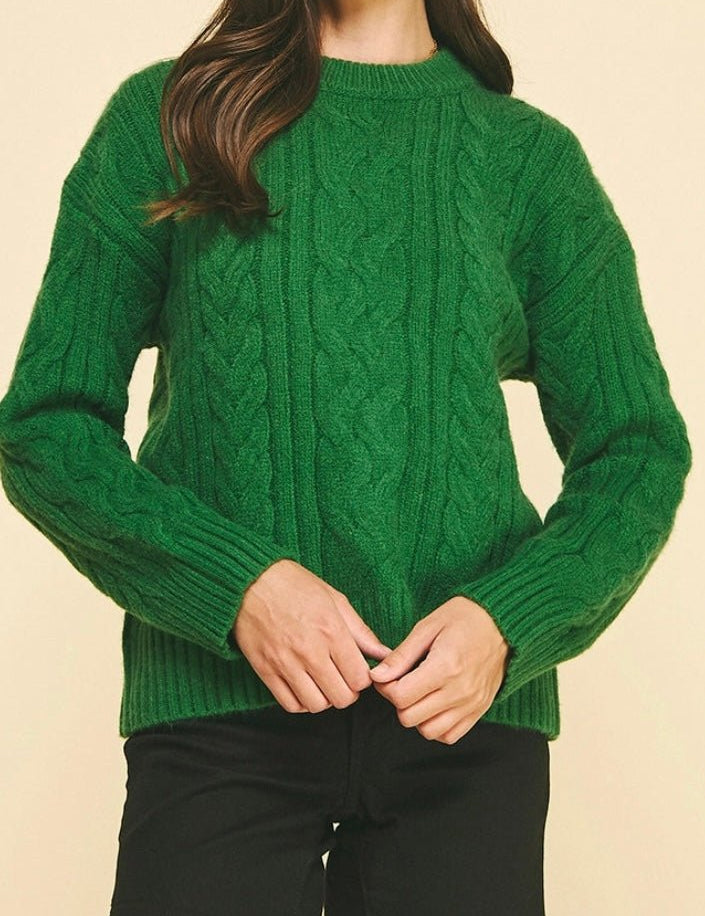 Cable Knit Green Sweater, a green cable knit crewneck, worn front view