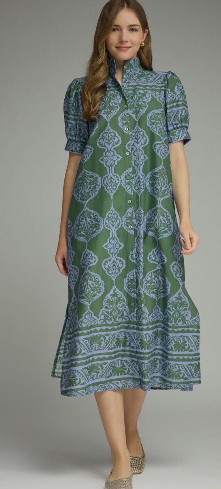 Juliette Dress, a green and periwinkle printed midi, worn front view