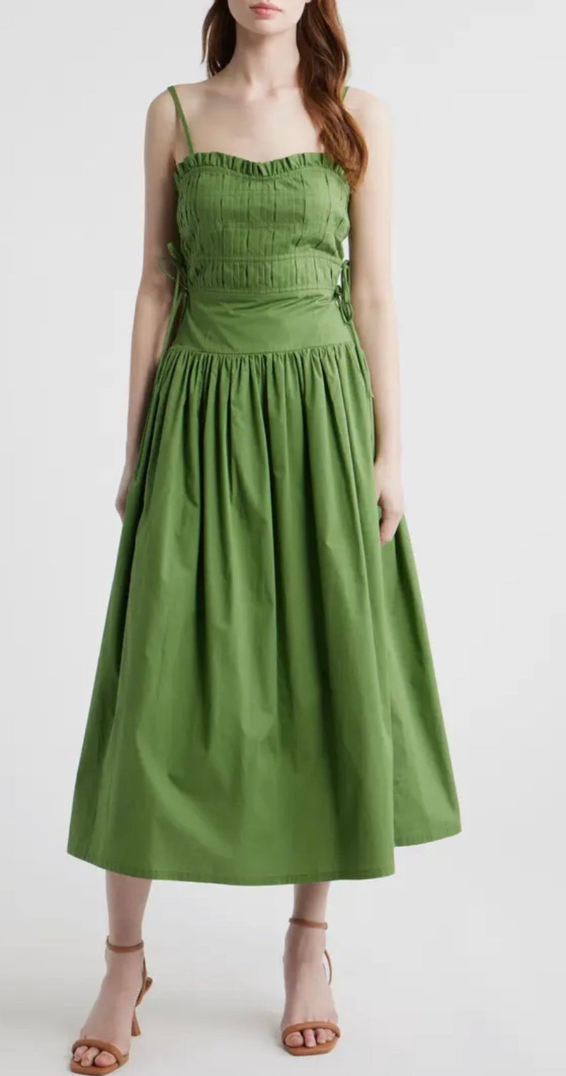 Green Goddess Dress, a leaf green smocked midi dress, worn front view