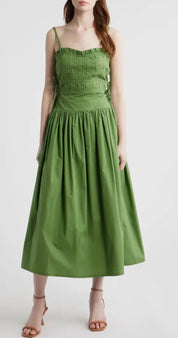 Green Goddess Dress, a leaf green smocked midi dress, worn front view
