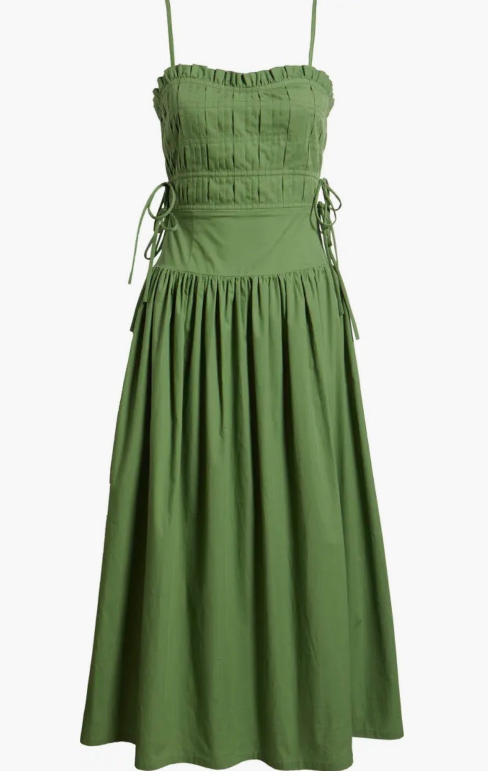 Close-up of the smocked bodice and spaghetti straps on the Green Goddess Dress
