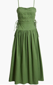 Close-up of the smocked bodice and spaghetti straps on the Green Goddess Dress