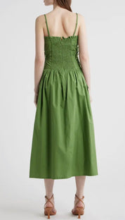 Green Goddess Dress styled full length, a leaf green smocked midi dress – Lady & Tucker