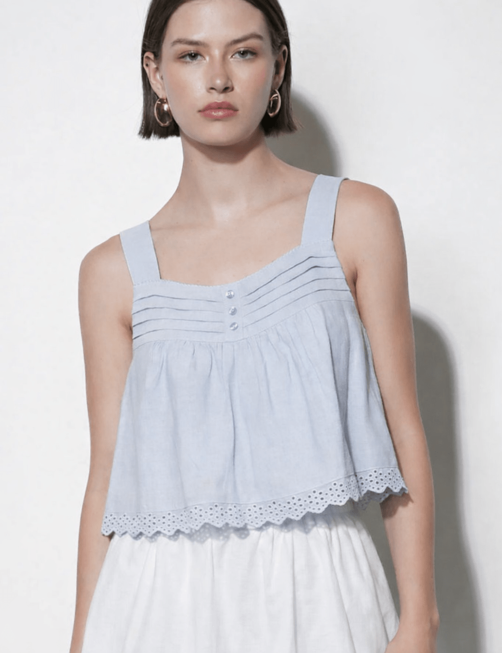 Elani Eyelet Tank Top, a pintuck tank with scalloped eyelet hem, worn front view