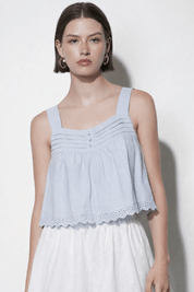 Elani Eyelet Tank Top, a pintuck tank with scalloped eyelet hem, worn front view