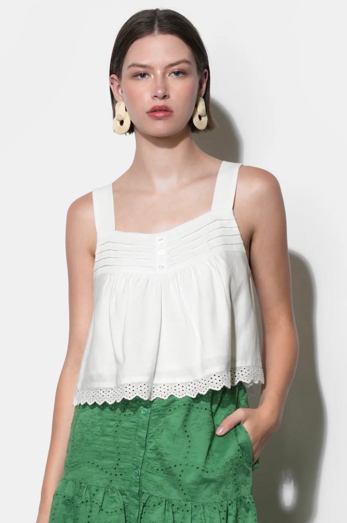Back view of the Elani Eyelet Tank Top, a pintuck tank with scalloped eyelet hem