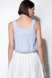 Elani Eyelet Tank Top styled on model, a pintuck tank with scalloped eyelet hem – Lady & Tucker