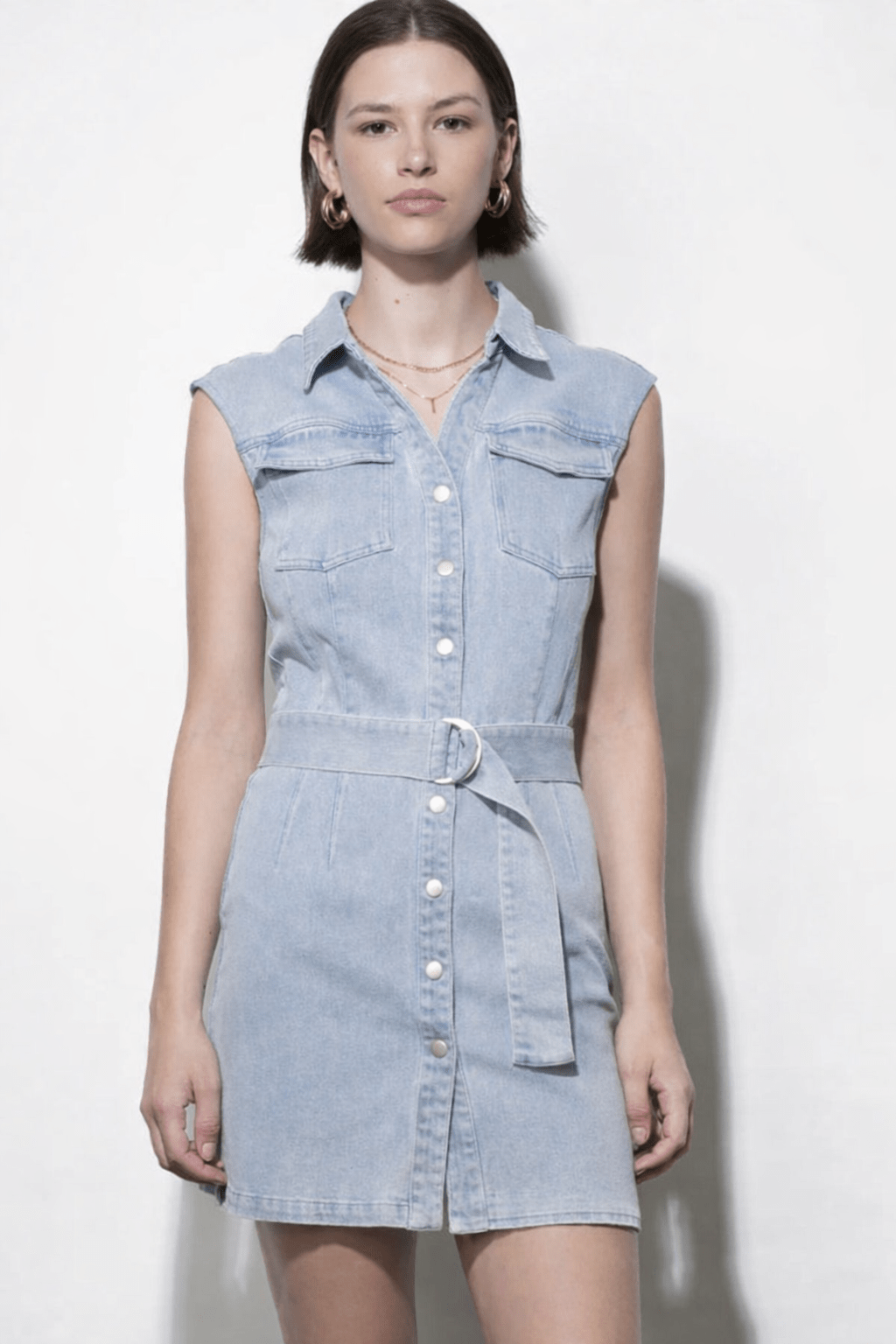 Denim Dress, a light wash denim dress, worn front view