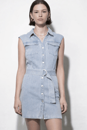 Denim Dress, a light wash denim dress, worn front view