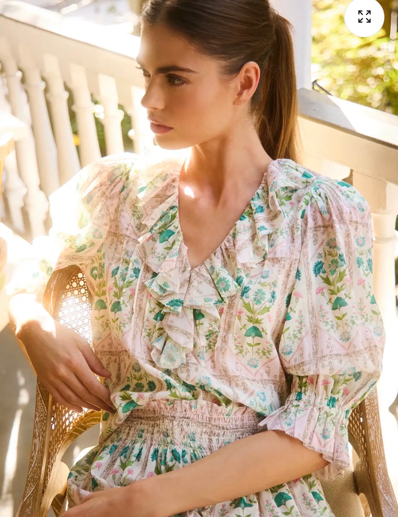 Pink Trellis Imogen Top, a Hunter Bell pink trellis cotton voile top, worn front view