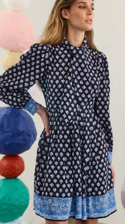Lila Dress, a Hunter Bell Thistle & Vine Blue mini shirt dress, worn front view