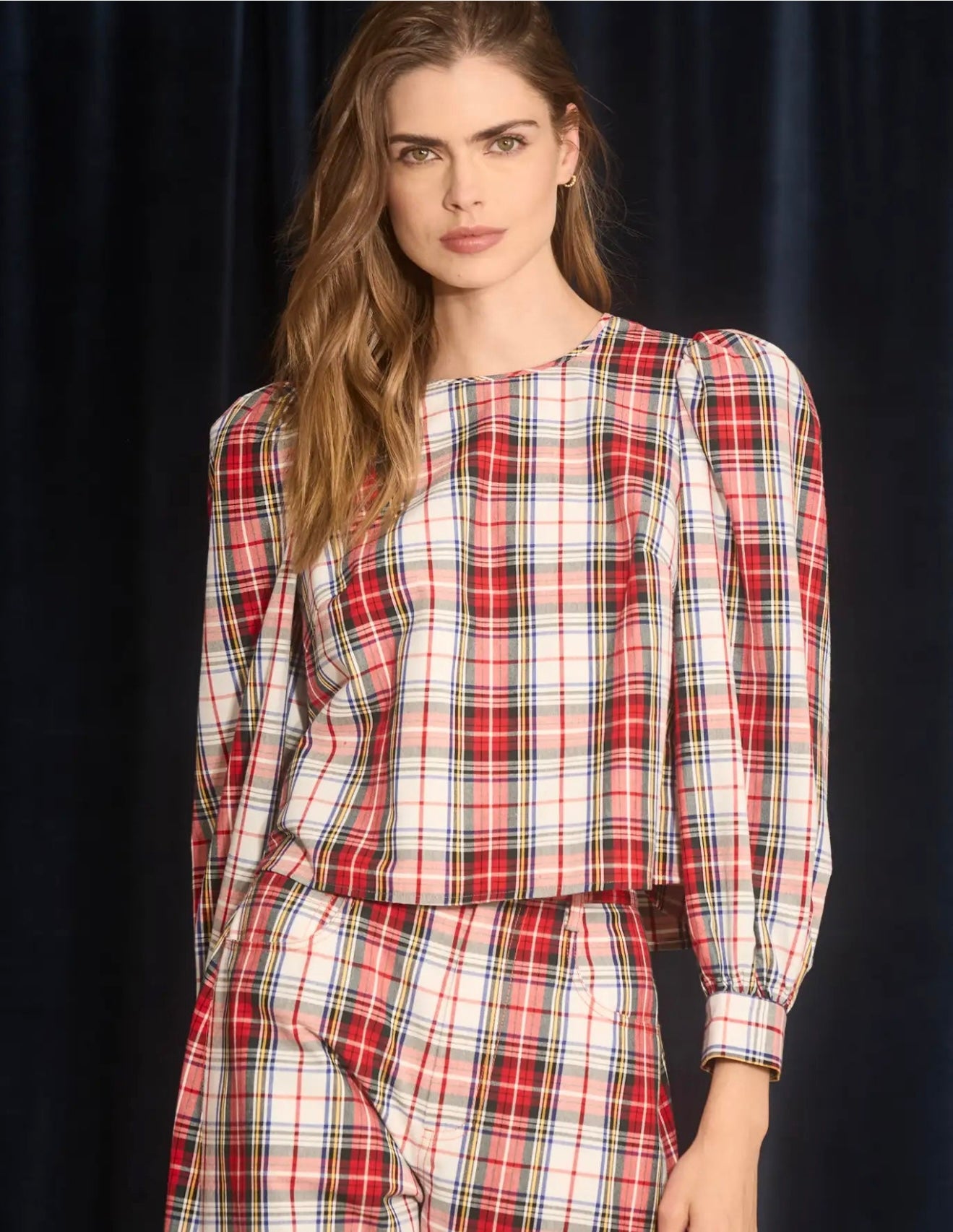 Back view of the Lottie Top, a Hunter Bell Carlyle Plaid crew neck top