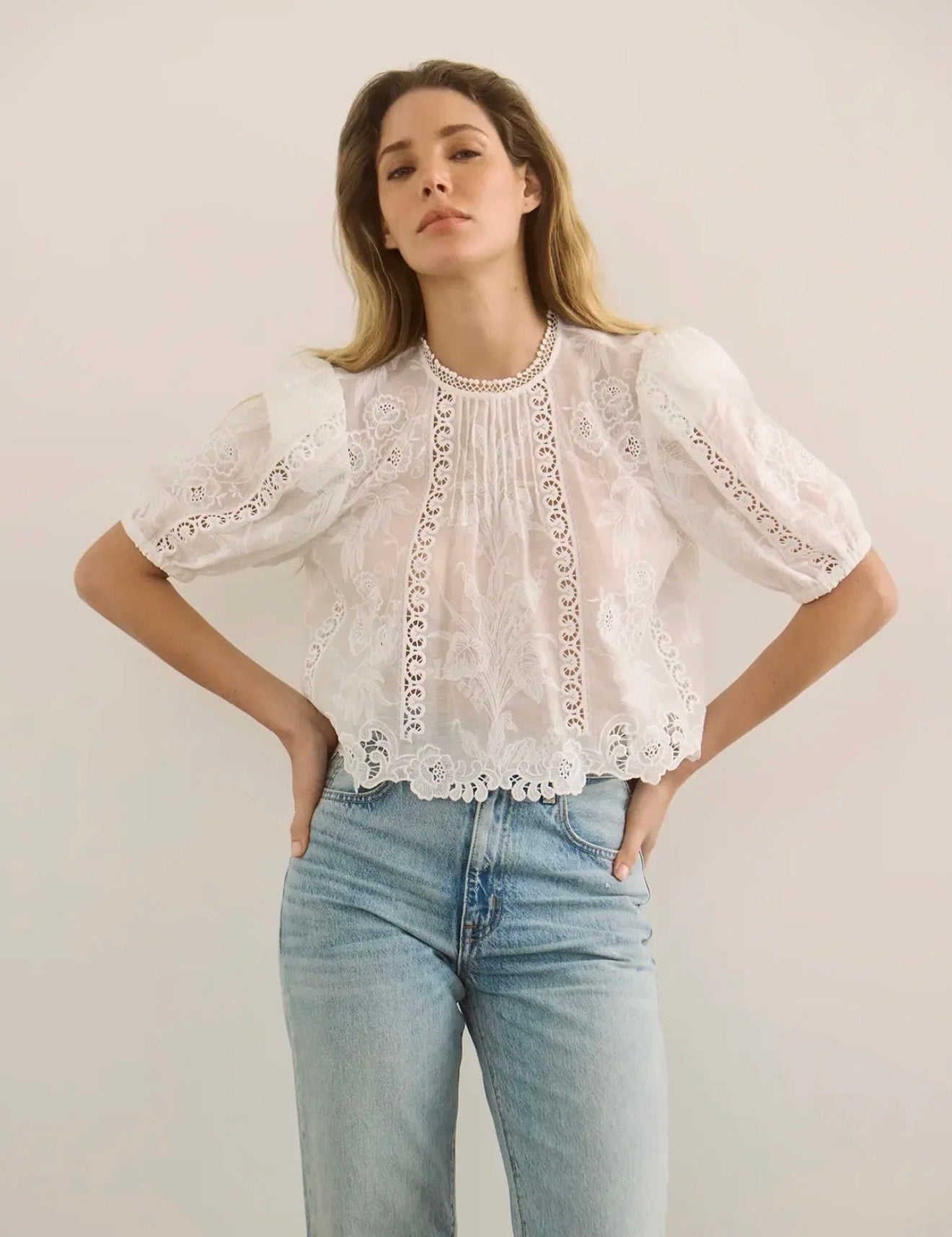 Ousie Top, a Hunter Bell puff sleeve pintuck top, worn front view