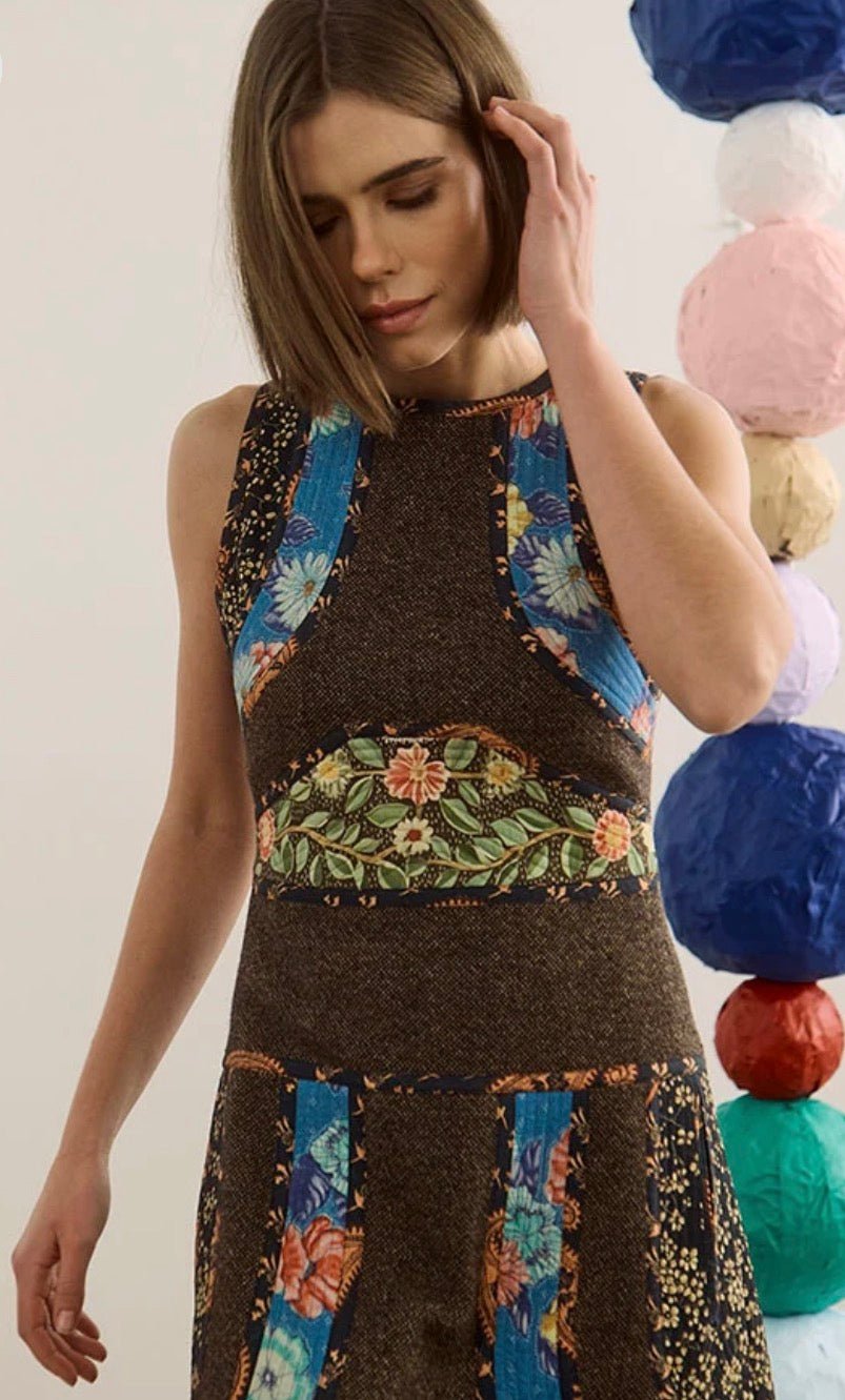 Close-up of the tailored tweed bodice on the Moira Dress