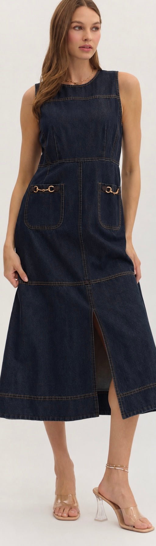 Denim Dress, a dark indigo A-line denim midi, worn front view
