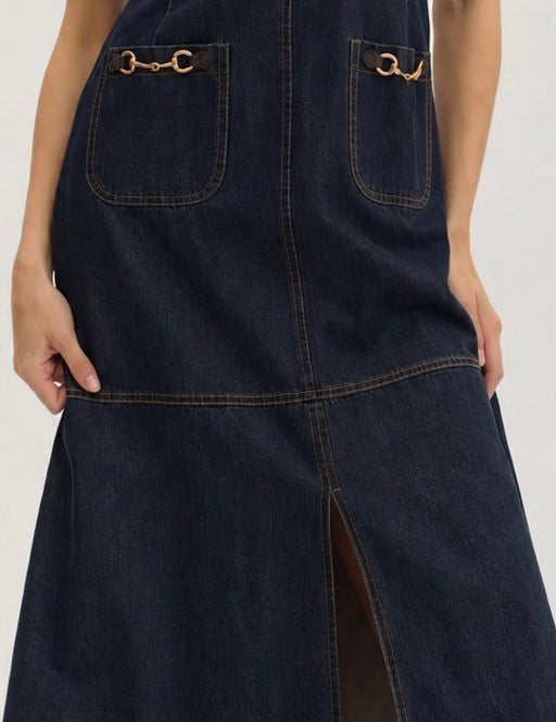 Denim Dress, a dark indigo A-line denim midi, worn front view