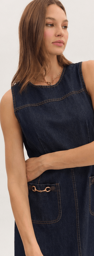 Close-up of the fitted seamed bodice and contrast stitching on the Denim Dress – Lady & Tucker
