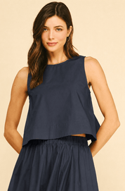 Ink Poplin Top, an ink navy sleeveless cotton poplin top, worn front view