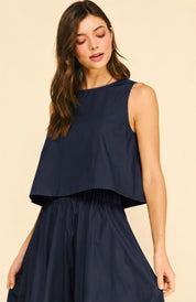 Back view of the Ink Poplin Top, an ink navy sleeveless cotton poplin top
