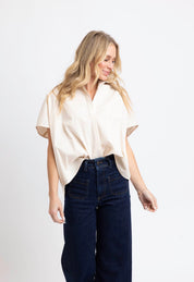 Close-up of the polished collar and crisp poplin on the Ivory Poplin Top – Lady & Tucker