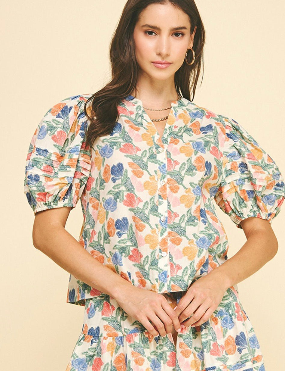 Floral V-neck Top, an ivory floral print V-neck blouse, worn front view