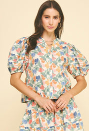 Floral V-neck Top, an ivory floral print V-neck blouse, worn front view