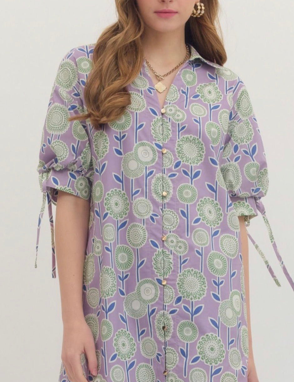 Lavender Fields Dress, a botanical print tie-sleeve mini, worn front view