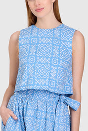 Lanai Tile Top, a Livro Lanai tile print sleeveless top, worn front view
