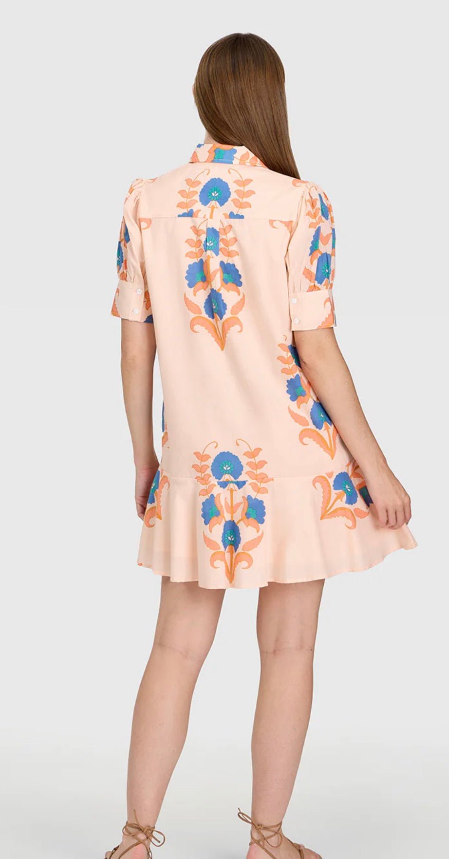 Back view of the Pink Sands Liv Dress, a pink drop-waist puff sleeve mini