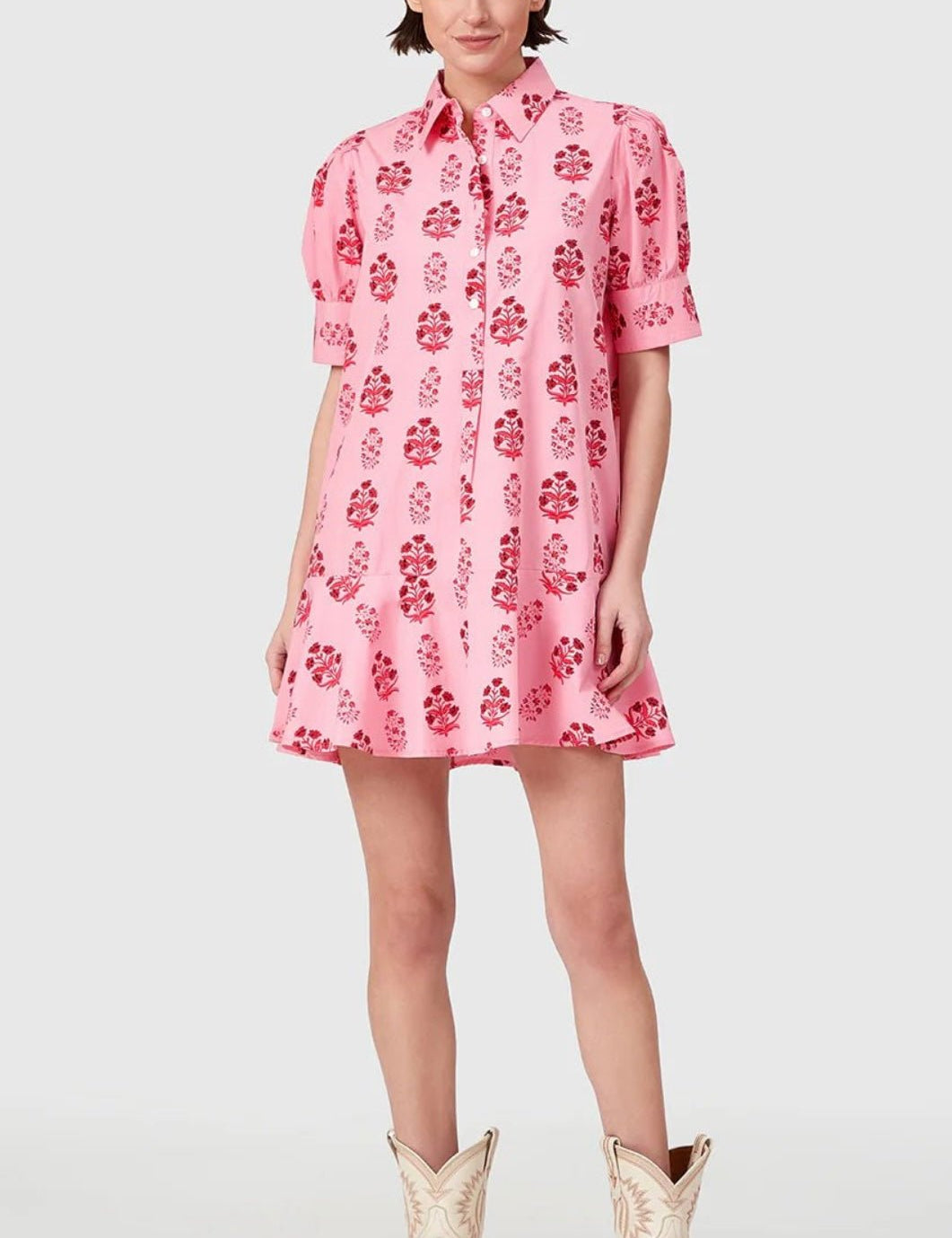 Scarlet Blossom Liv Dress, a scarlet floral drop-waist puff sleeve mini, worn front view