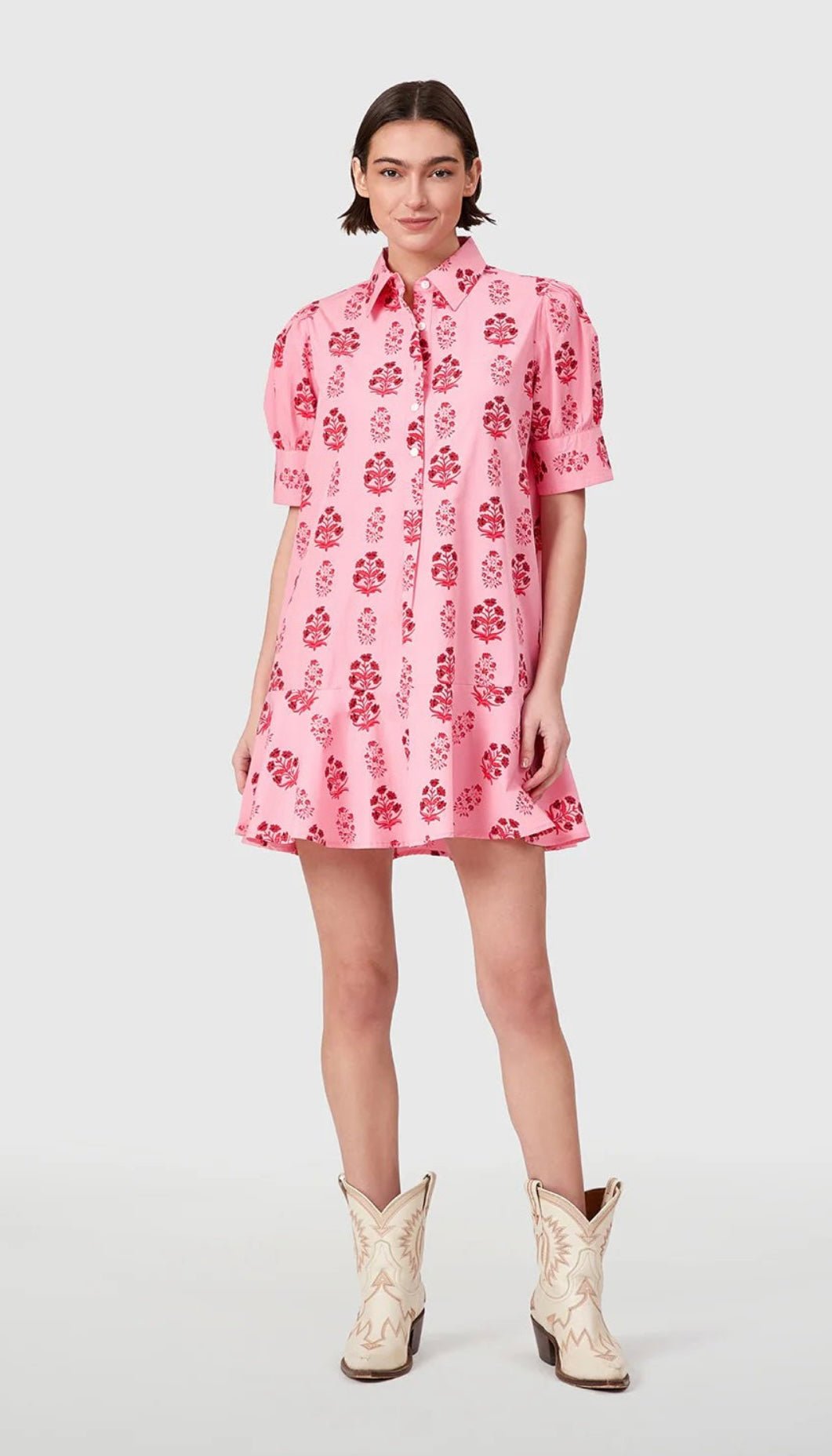 Scarlet Blossom Liv Dress, a scarlet floral drop-waist puff sleeve mini, worn front view