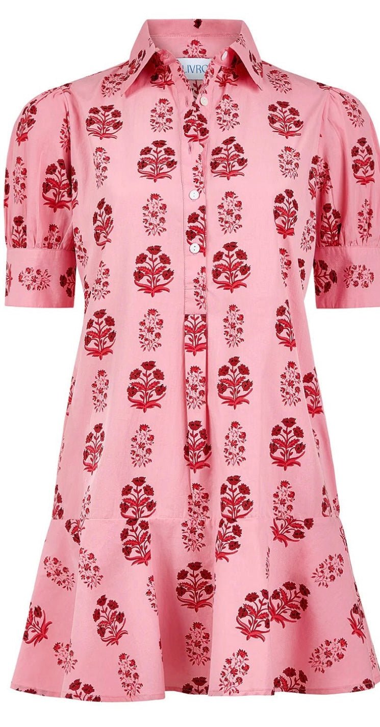 Back view of the Scarlet Blossom Liv Dress, a scarlet floral drop-waist puff sleeve mini