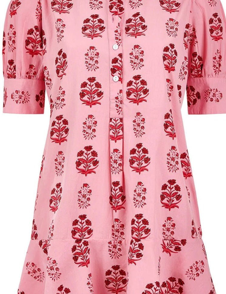 Back view of the Scarlet Blossom Liv Dress, a scarlet floral drop-waist puff sleeve mini