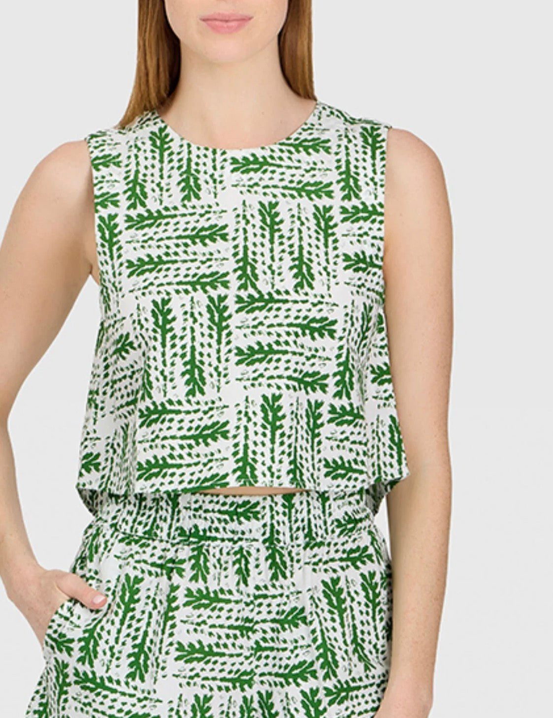 Sweetgrass Top, a Livro Sweetgrass print sleeveless top, worn front view