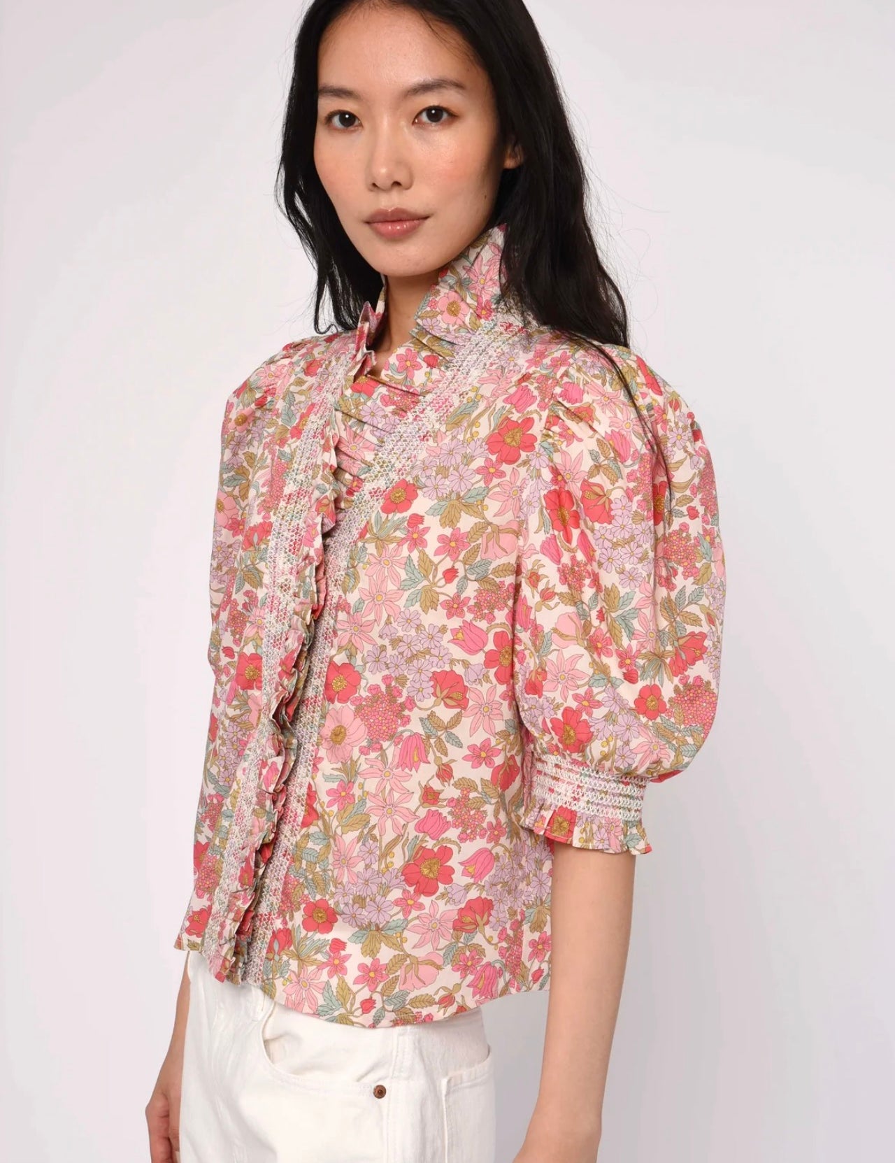 Clarabell Liberty Top, a Love The Label Liberty print Clarabell top, worn front view
