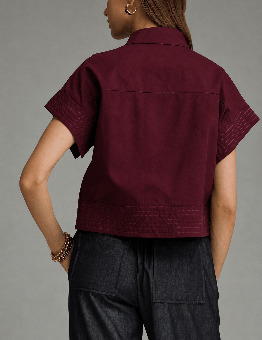 Back view of the Take Me To CStat Top, a maroon cropped gameday top – Lady & Tucker