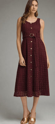 Burgundy Eyelet Dress, a maroon eyelet midi dress, worn front view
