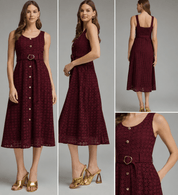 Back view of the Burgundy Eyelet Dress, a maroon eyelet midi dress – Lady & Tucker