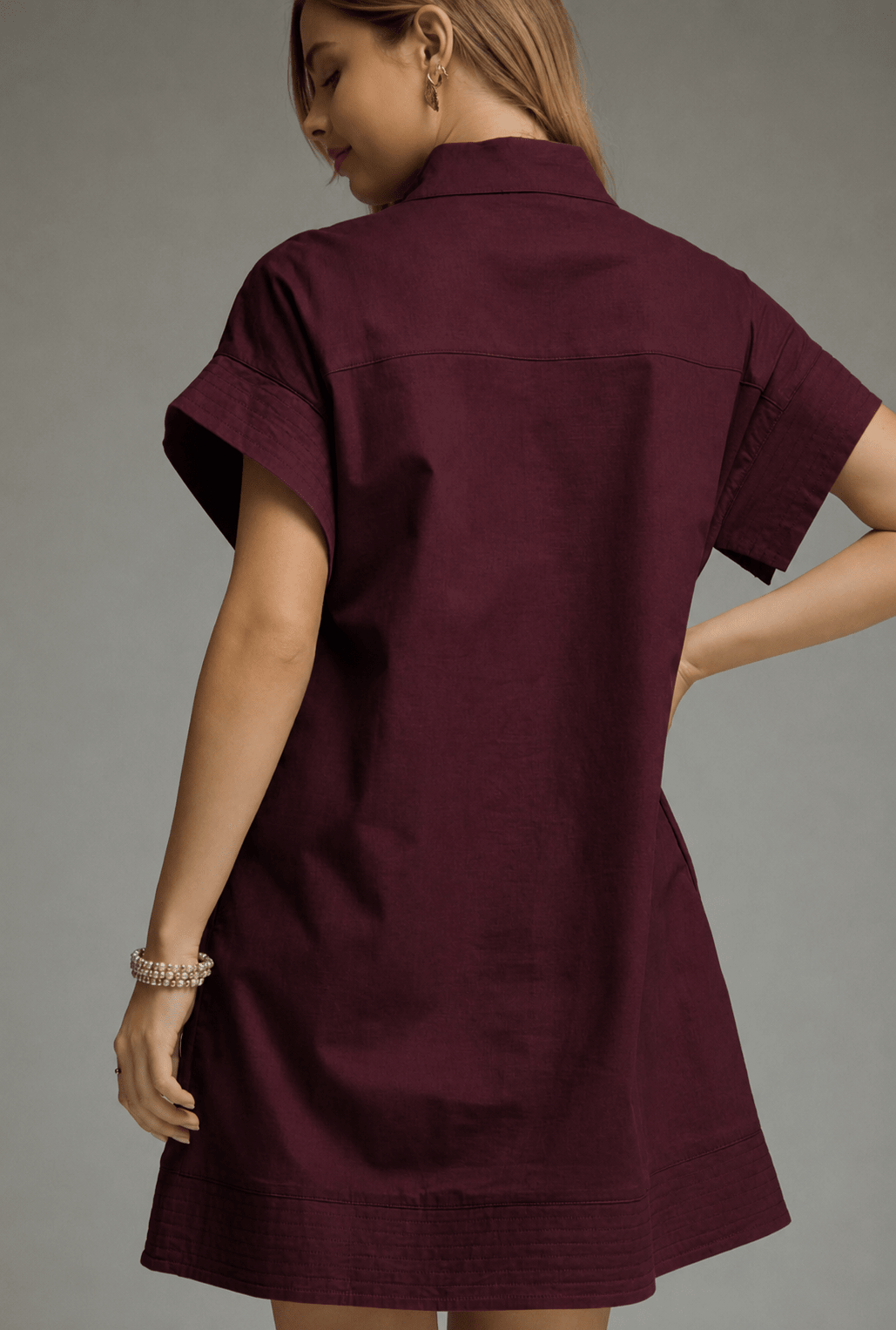 Back view of the Maroon Fan Dress, a maroon shift with stand collar – Lady & Tucker