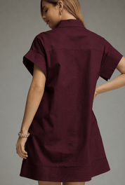 Back view of the Maroon Fan Dress, a maroon shift with stand collar – Lady & Tucker
