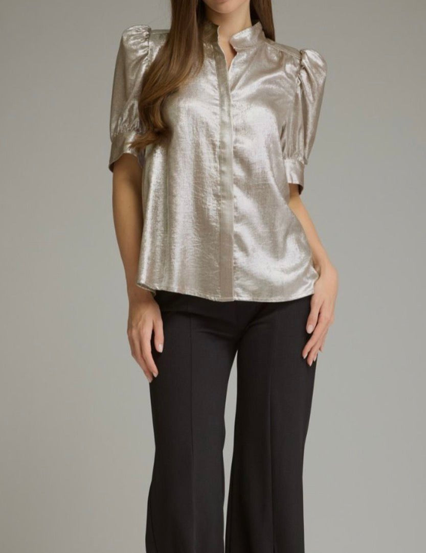Champagne Dreams Top, a metallic champagne puff sleeve blouse, worn front view