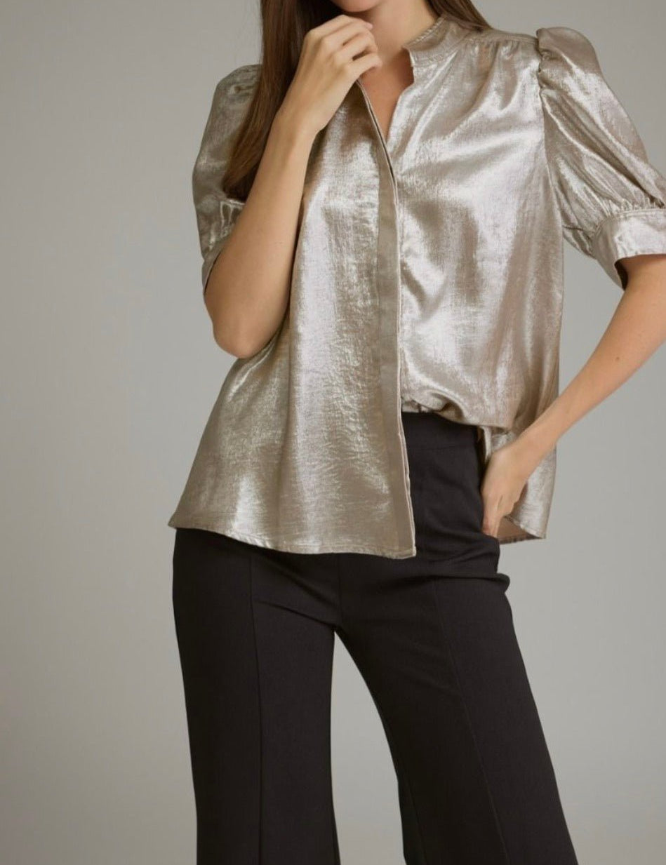 Back view of the Champagne Dreams Top, a metallic champagne puff sleeve blouse
