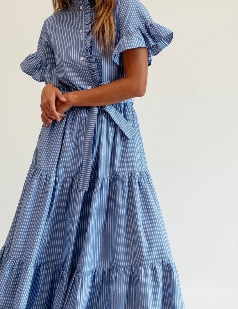 Harbor Stripe Maxi Dress, a Mille tiered stripe maxi, worn front view