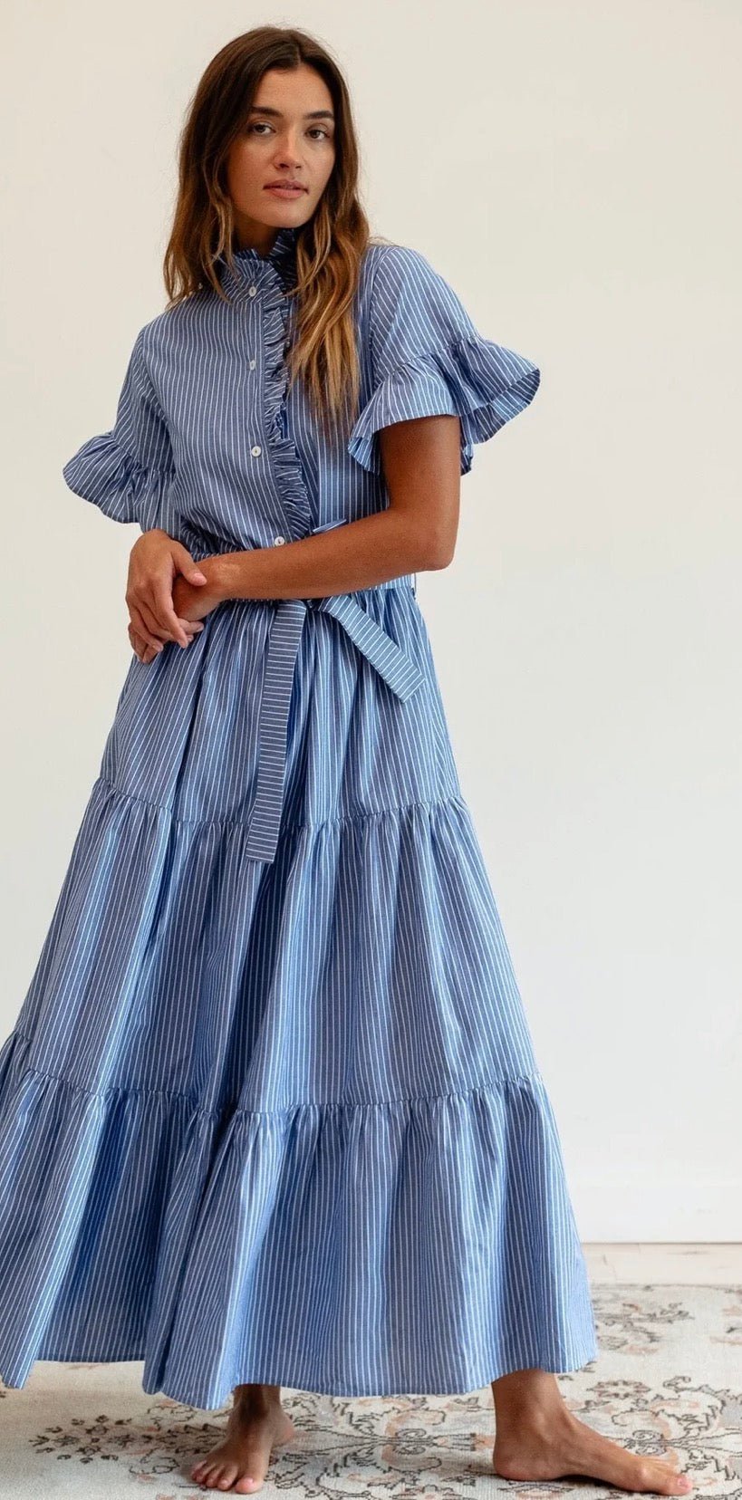 Harbor Stripe Maxi Dress, a Mille tiered stripe maxi, worn front view