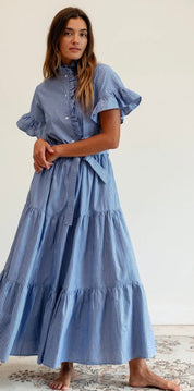 Harbor Stripe Maxi Dress, a Mille tiered stripe maxi, worn front view