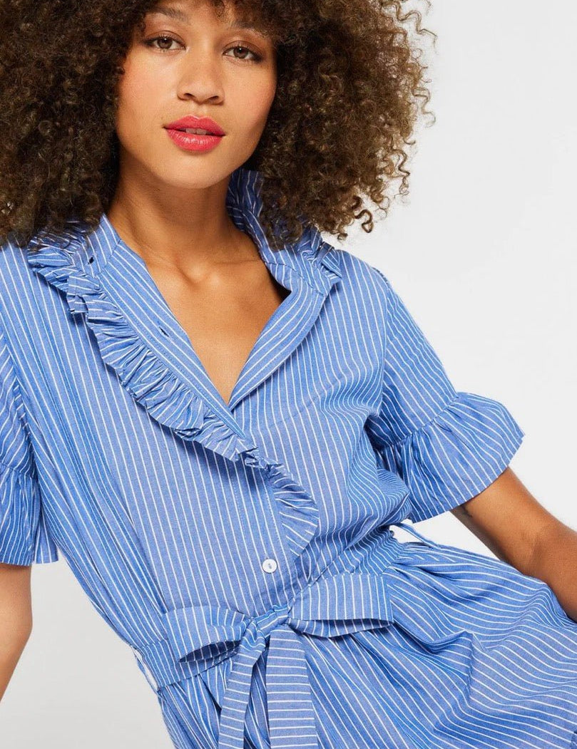 Back view of the Harbor Stripe Maxi Dress, a Mille tiered stripe maxi