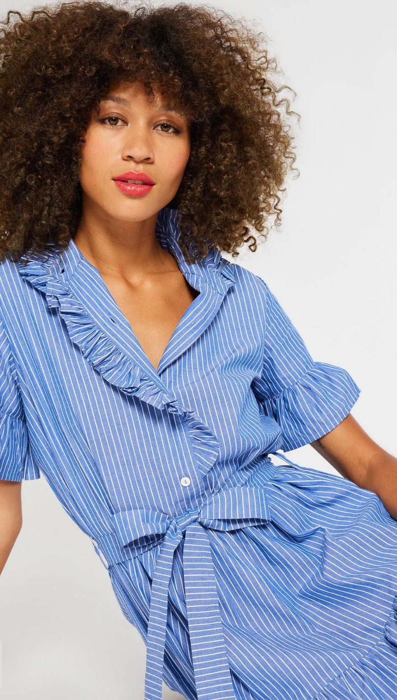 Back view of the Harbor Stripe Maxi Dress, a Mille tiered stripe maxi