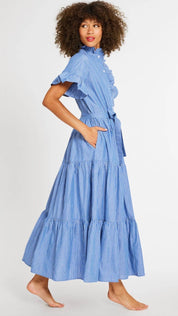 Side view of the Harbor Stripe Maxi Dress showing the tiered skirt and stripe pattern – Lady & Tucker