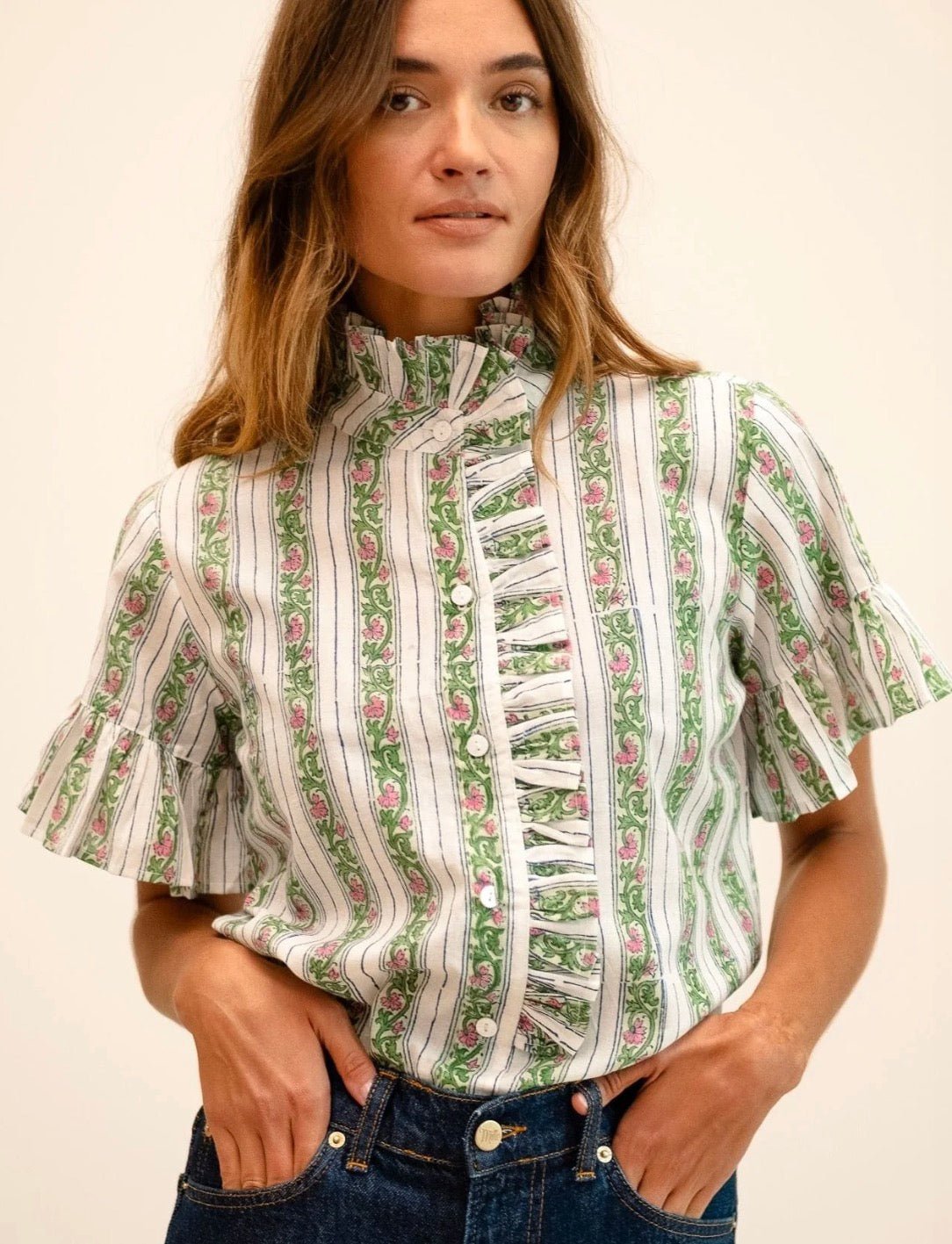 Sweet Pea Stripe Top, a Mille sweet pea stripe ruffle top, worn front view