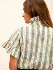 Back view of the Sweet Pea Stripe Top, a Mille sweet pea stripe ruffle top